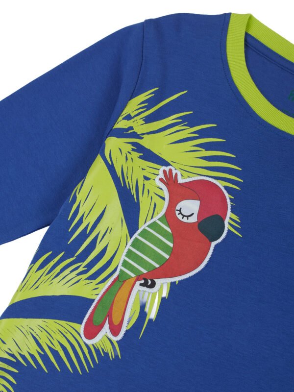 Pranava Boys Organic Cotton Interlock Full Sleeves Tropical Print With Parrot Applique T-Shirt - Blue Tang - Image 4