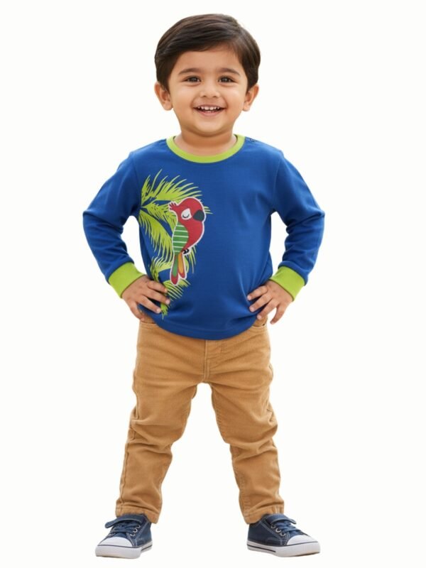 Pranava Boys Organic Cotton Interlock Full Sleeves Tropical Print With Parrot Applique T-Shirt - Blue Tang - Image 5