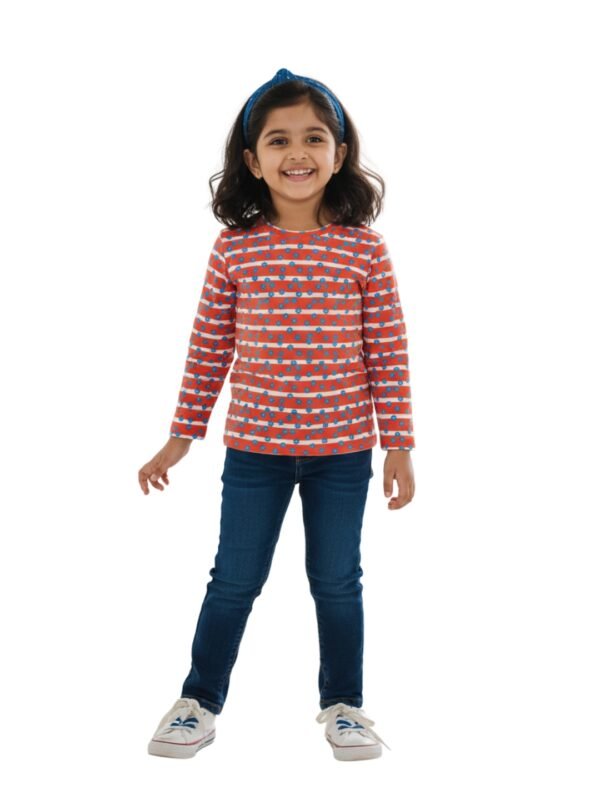 Pranava Girls Organic Cotton Single Jersey Full Sleeves Heart All Over Print Top - Orange - Image 5