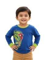 Pranava Boys Organic Cotton Interlock Full Sleeves Tropical Print With Parrot Applique T-Shirt - Blue Tang