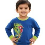 Pranava Boys Organic Cotton Interlock Full Sleeves Tropical Print With Parrot Applique T-Shirt - Blue Tang