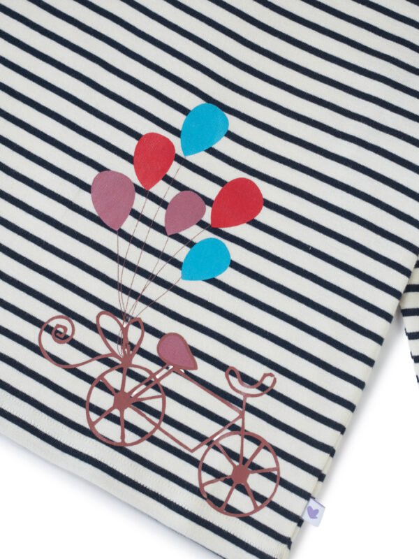 Girls Organic Cotton Knits Full Sleeve Bicycle Printed Stripe Top - Navy & White - Image 4