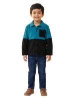 Boys Organic Cotton Corduroy Full Sleeve Colorblock Jacket - Teal & Black - Image 5