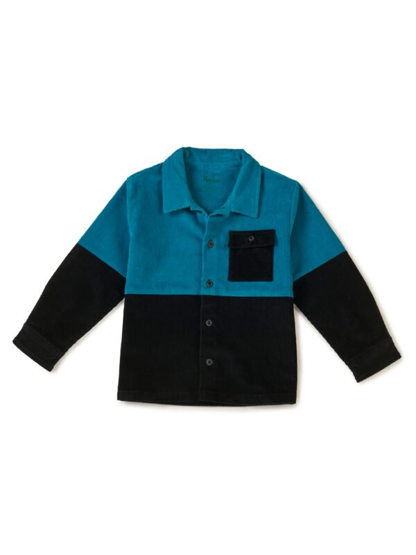 Boys Organic Cotton Corduroy Full Sleeve Colorblock Jacket - Teal & Black - Image 2