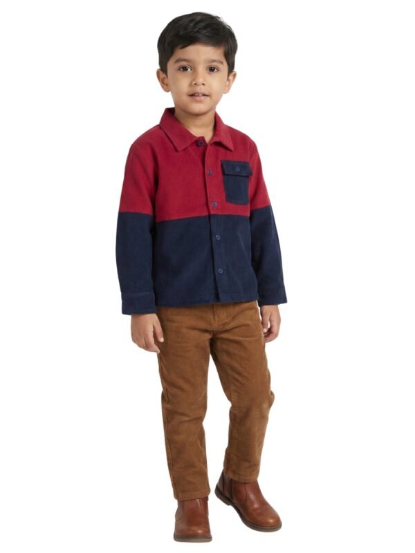 Boys Organic Cotton Corduroy Full Sleeve Colorblock Jacket - Red & Indigo - Image 5
