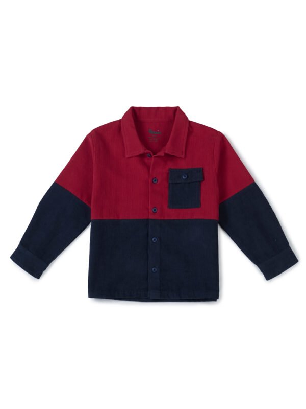 Boys Organic Cotton Corduroy Full Sleeve Colorblock Jacket - Red & Indigo - Image 2