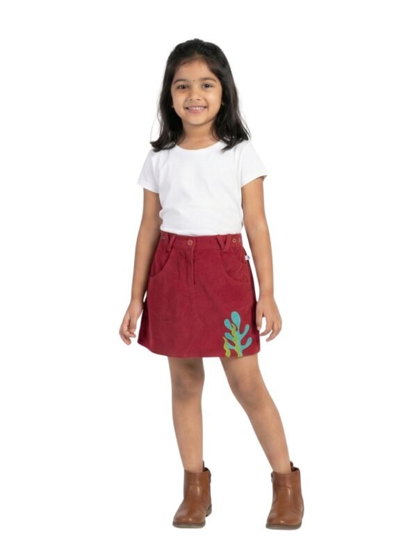 Girls Organic Cotton Corduroy Seaplant Embroidered Skirt - Red - Image 5