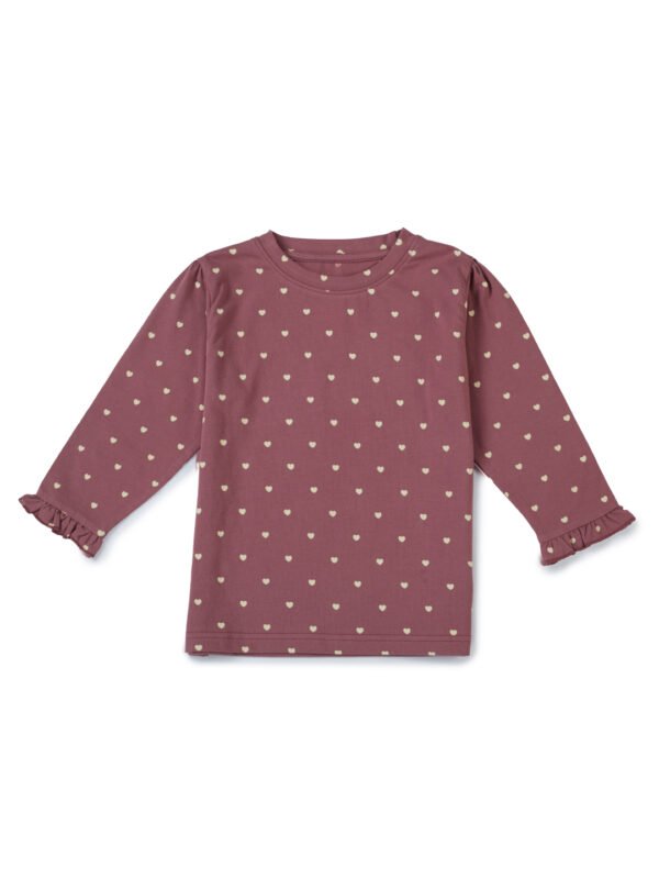 Girls Organic Cotton Knits Full Sleeve With Frill Hem Heart All Over Prited Top - Rhubarb - Image 2