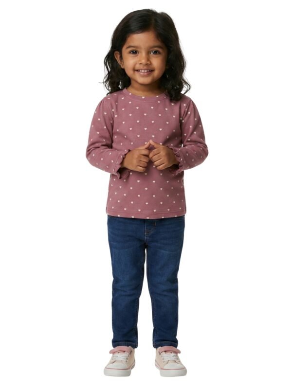 Girls Organic Cotton Knits Full Sleeve With Frill Hem Heart All Over Prited Top - Rhubarb - Image 5