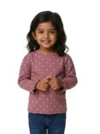 Girls Organic Cotton Knits Full Sleeve With Frill Hem Heart All Over Prited Top - Rhubarb