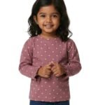 Girls Organic Cotton Knits Full Sleeve With Frill Hem Heart All Over Prited Top - Rhubarb
