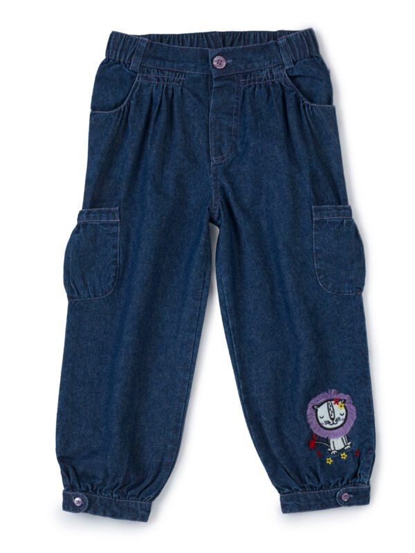 Girls Organic Cotton Denim Cute Tiger Applique Pant - Dark Blue - Image 2