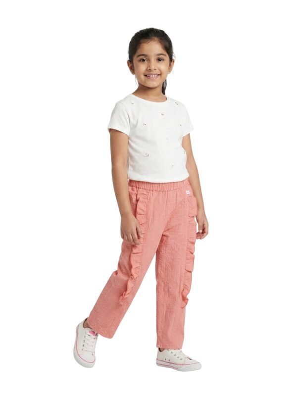 Girls Organic Cotton Woven Solid Textured With Side Frill Pant - Peach - Image 5
