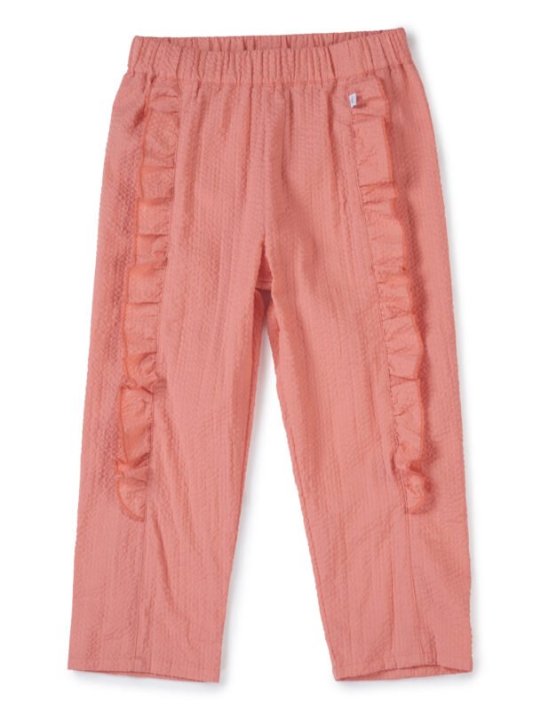 Girls Organic Cotton Woven Solid Textured With Side Frill Pant - Peach - Image 2