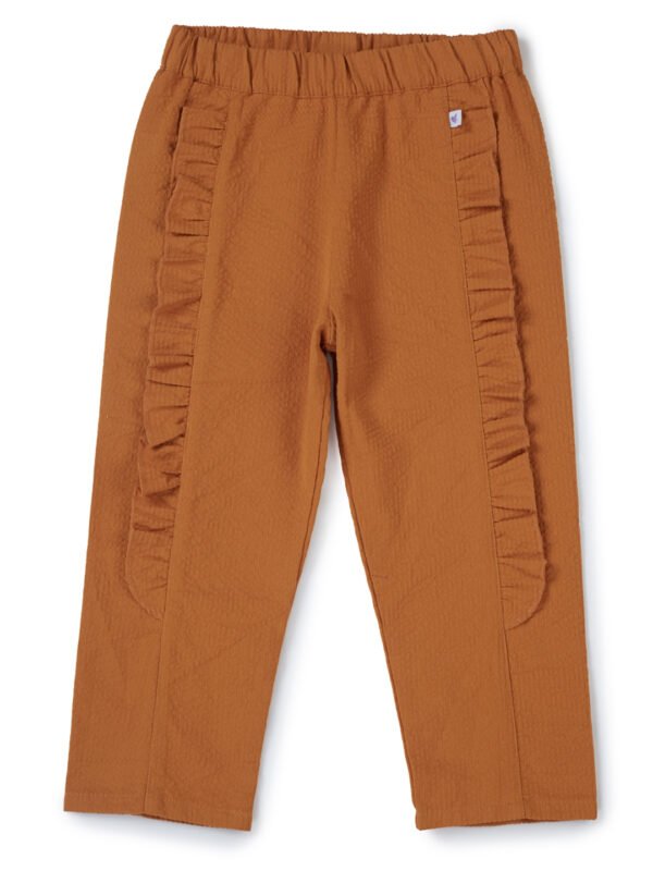 Girls Organic Cotton Woven Solid Textured With Side Frill Pant - Marigold - Image 2