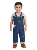 Boys Organic Cotton Knits Short Sleeve Sealife Printed Tee With Bear Face Embroidered Dungaree - Blue & Cream