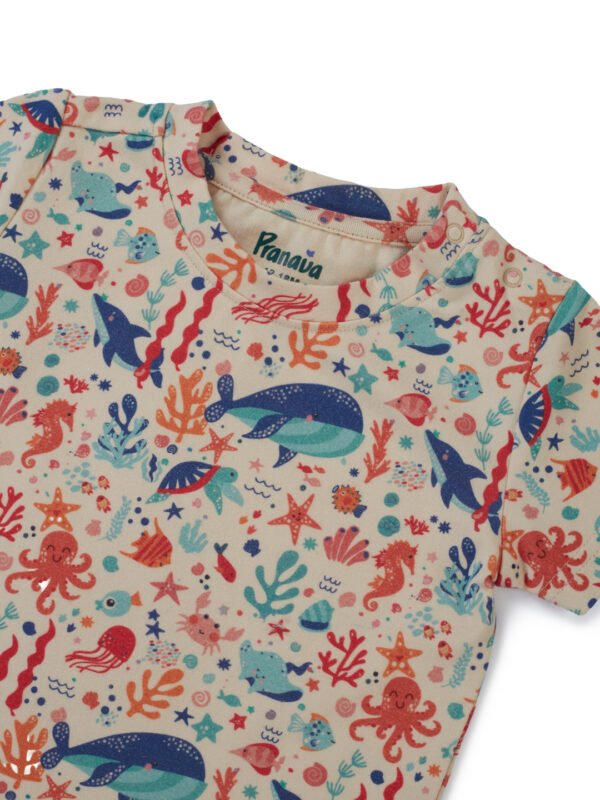 Boys Organic Cotton Knits Short Sleeve Sealife Printed Tee With Bear Face Embroidered Dungaree - Blue & Cream - Image 5