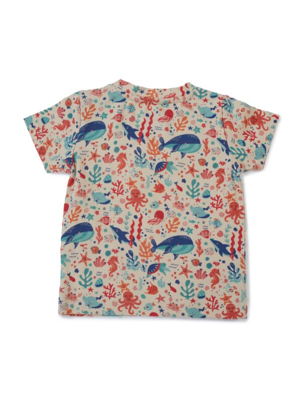 Boys Organic Cotton Knits Short Sleeve Sealife Printed Tee With Bear Face Embroidered Dungaree - Blue & Cream - Image 4