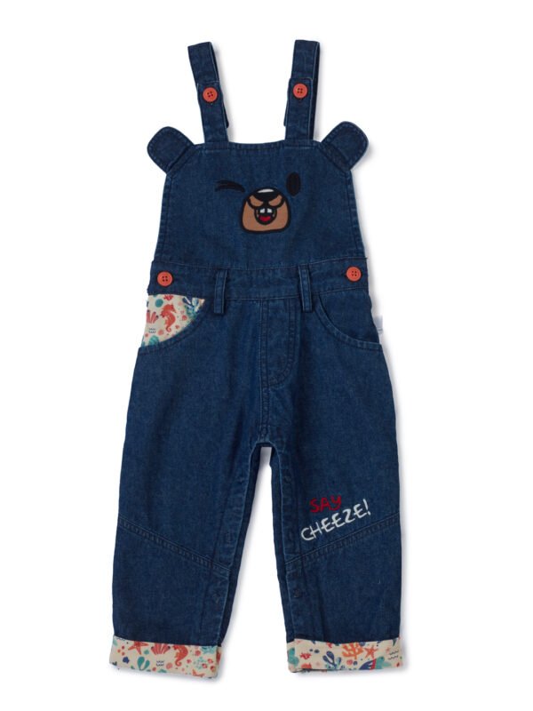 Boys Organic Cotton Knits Short Sleeve Sealife Printed Tee With Bear Face Embroidered Dungaree - Blue & Cream - Image 6