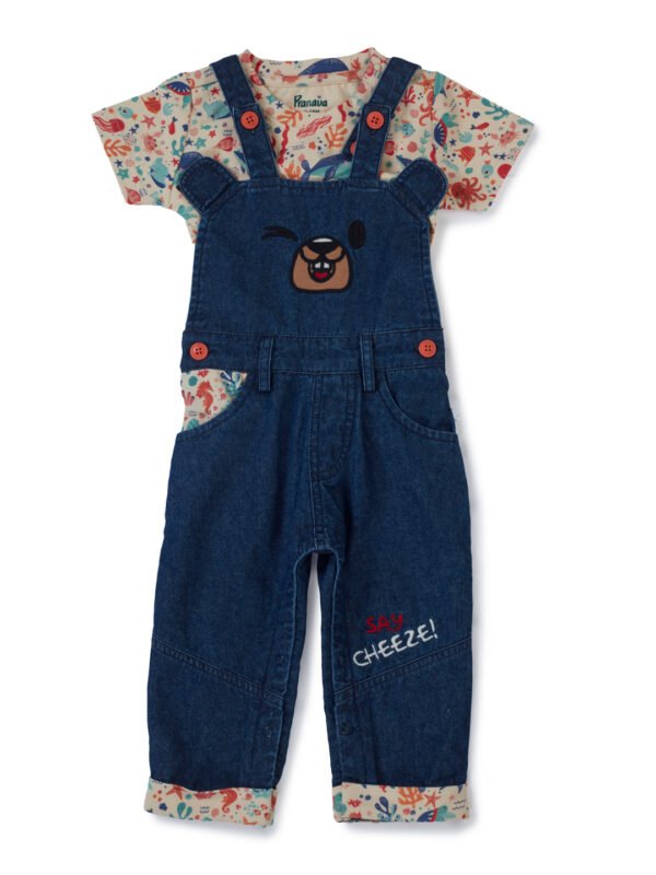Boys Organic Cotton Knits Short Sleeve Sealife Printed Tee With Bear Face Embroidered Dungaree - Blue & Cream - Image 2