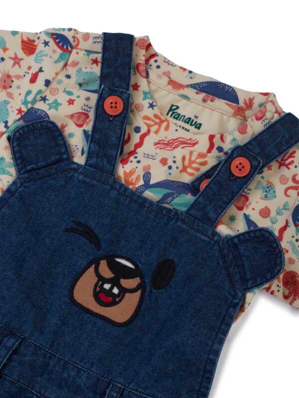 Boys Organic Cotton Knits Short Sleeve Sealife Printed Tee With Bear Face Embroidered Dungaree - Blue & Cream - Image 9
