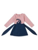 Girls Organic Cotton Knits & Denim Full Sleeve Swan Glitter Printed Frock - Pink & Blue - Image 2