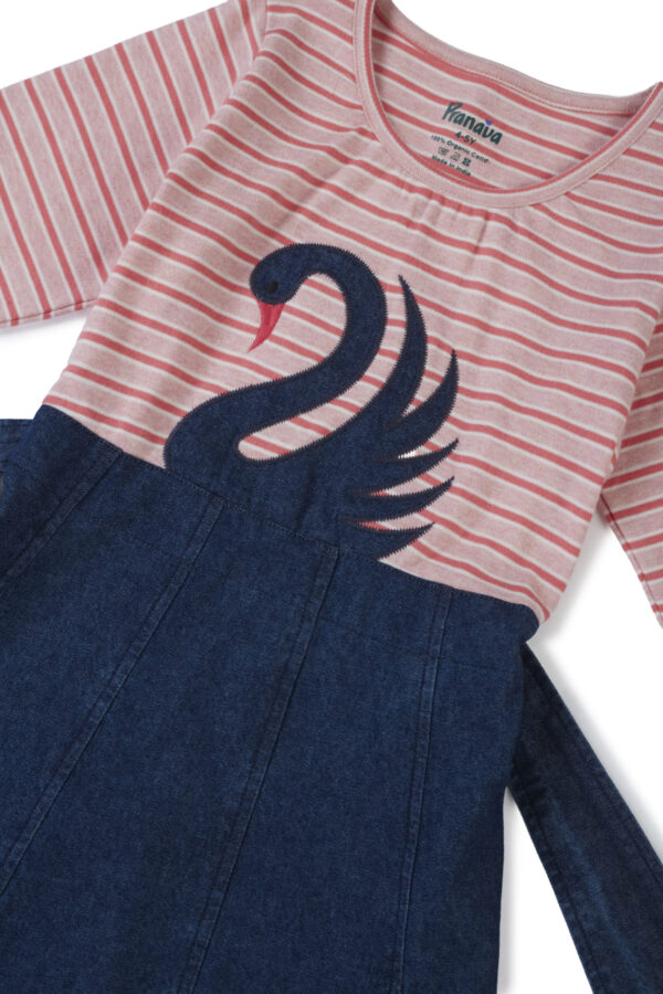 Girls Organic Cotton Knits & Denim Full Sleeve Swan Glitter Printed Frock - Pink & Blue - Image 4