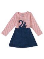 Girls Organic Cotton Knits & Denim Full Sleeve Swan Glitter Printed Frock - Pink & Blue - Image 3