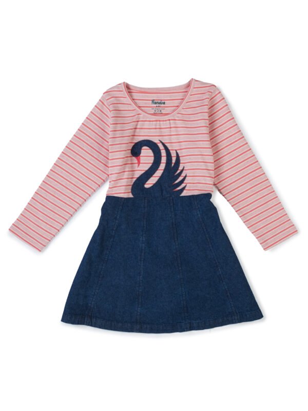 Girls Organic Cotton Knits & Denim Full Sleeve Swan Glitter Printed Frock - Pink & Blue - Image 3