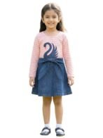 Girls Organic Cotton Knits & Denim Full Sleeve Swan Glitter Printed Frock - Pink & Blue