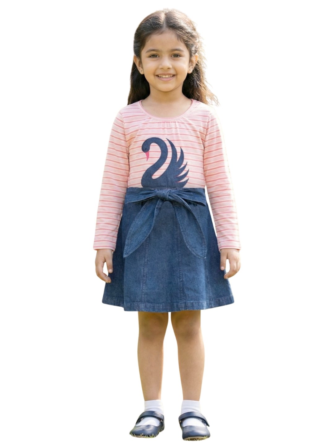 P-065_M Girls Organic Cotton Knits & Denim Full Sleeve Swan Glitter Printed Frock - Pink & Blue - Image 1