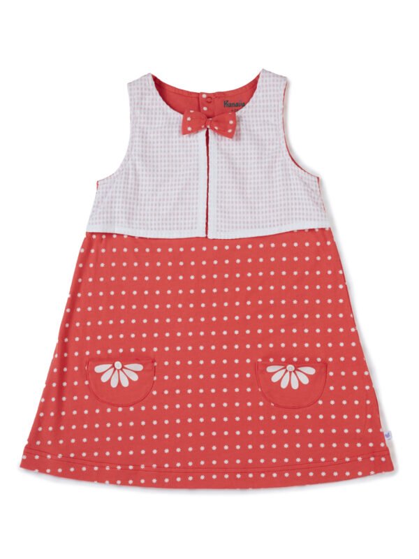 Girls Organic Cotton Woven Sleeveless Tiny Polka Dots All Over Printed Frock - Pink - Image 2