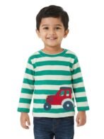 Boys Organic Cotton Knits Full Sleeve Cute Car Embroidery T-Shirt - Mint Green