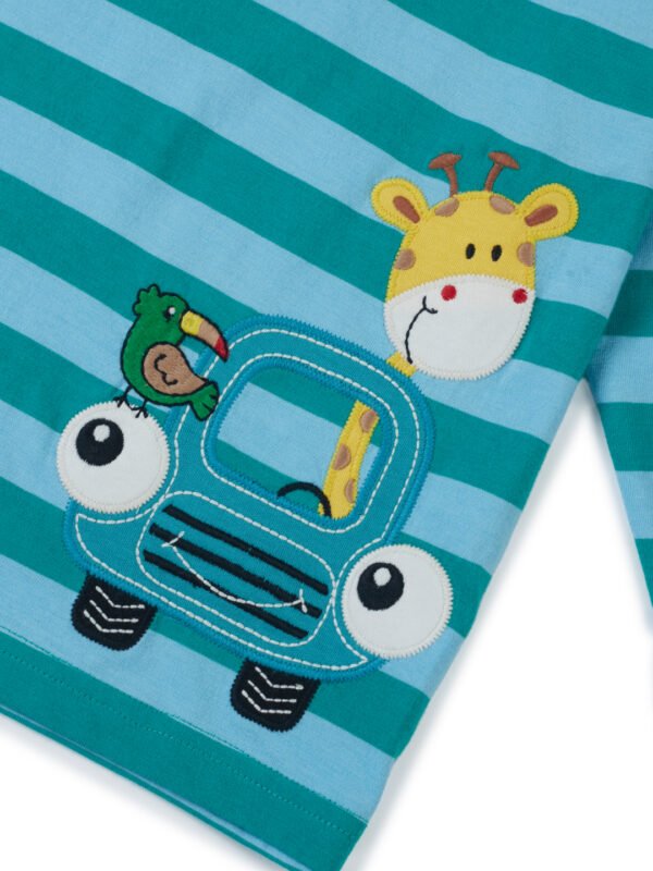 Boys Organic Cotton Knits Full Sleeve Giraffe With Car Applique Stripe T-Shirt - Teal & Light Blue - Image 4