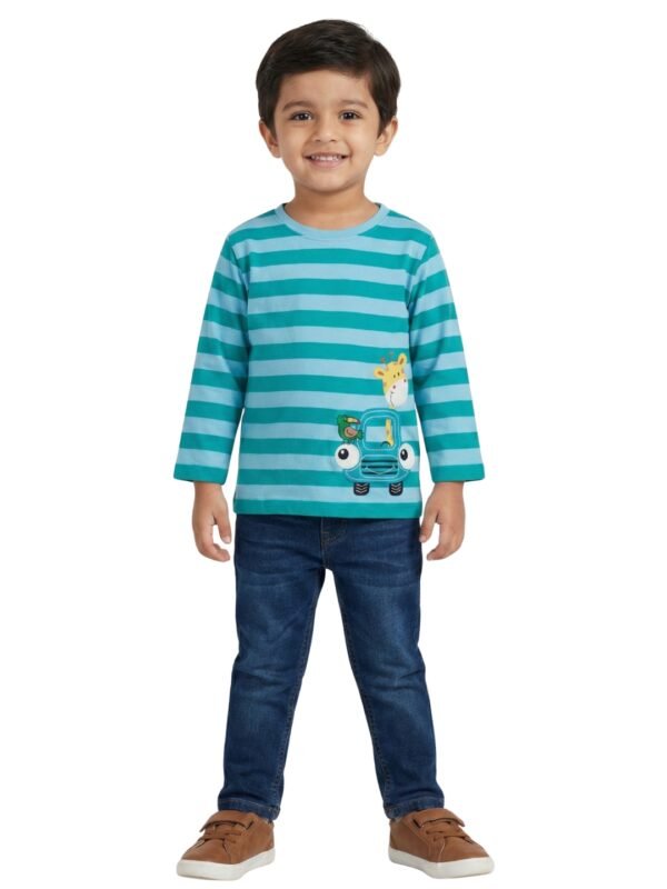 Boys Organic Cotton Knits Full Sleeve Giraffe With Car Applique Stripe T-Shirt - Teal & Light Blue - Image 5