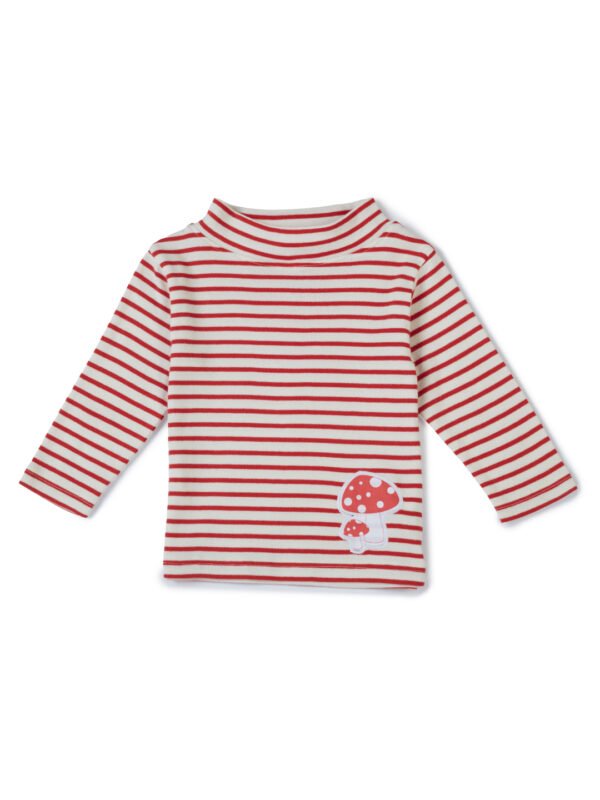 Girls Organic Cotton Knits Full Sleeve Mashroom Digital Patch Stripe Top - Red & White - Image 2