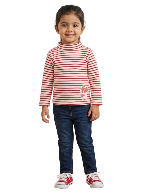 Girls Organic Cotton Knits Full Sleeve Mashroom Digital Patch Stripe Top - Red & White - Image 5