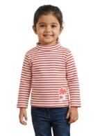 Girls Organic Cotton Knits Full Sleeve Mashroom Digital Patch Stripe Top - Red & White