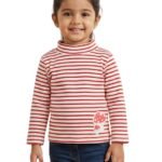 Girls Organic Cotton Knits Full Sleeve Mashroom Digital Patch Stripe Top - Red & White