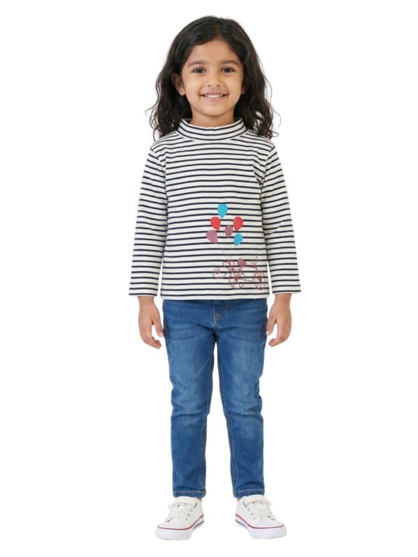 Girls Organic Cotton Knits Full Sleeve Bicycle Printed Stripe Top - Navy & White - Image 5