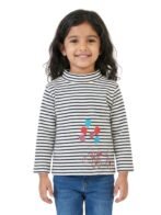 Girls Organic Cotton Knits Full Sleeve Bicycle Printed Stripe Top - Navy & White
