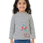 Girls Organic Cotton Knits Full Sleeve Bicycle Printed Stripe Top - Navy & White