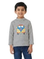 Boys Organic Cotton Knits Full Sleeve Bright And Colourful Van Applique Striped T-Shirt - Navy & White