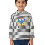 Boys Organic Cotton Knits Full Sleeve Bright And Colourful Van Applique Striped T-Shirt - Navy & White