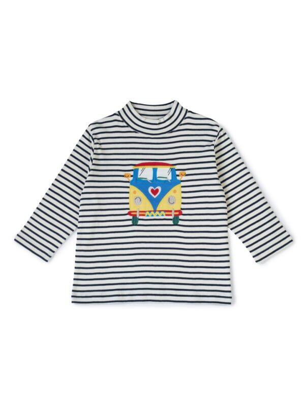 Boys Organic Cotton Knits Full Sleeve Bright And Colourful Van Applique Striped T-Shirt - Navy & White - Image 2