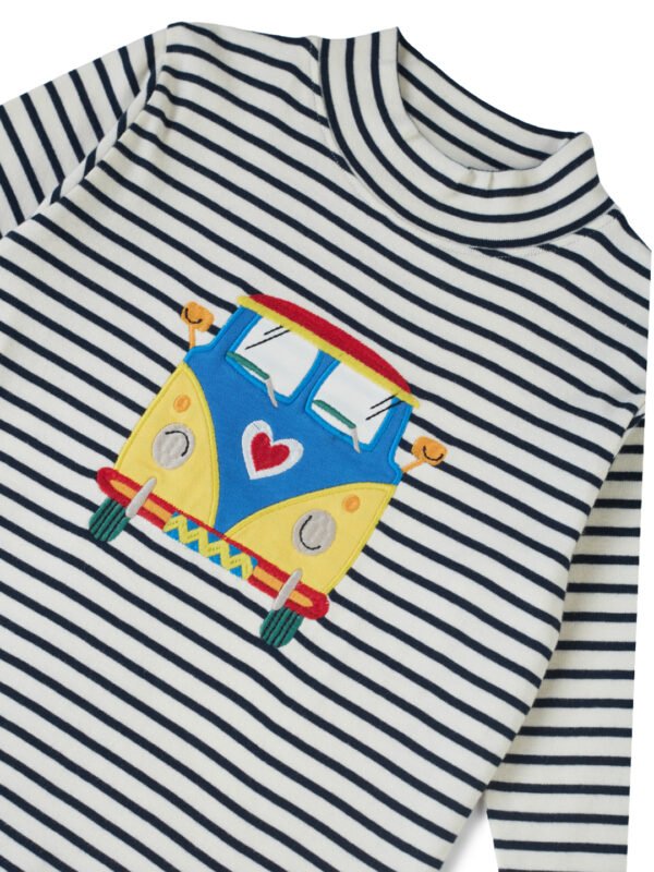 Boys Organic Cotton Knits Full Sleeve Bright And Colourful Van Applique Striped T-Shirt - Navy & White - Image 4