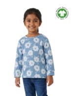 Girls Organic Cotton Fleece Full Sleeve All-Over Floral & Bunny Printed Top - Blue
