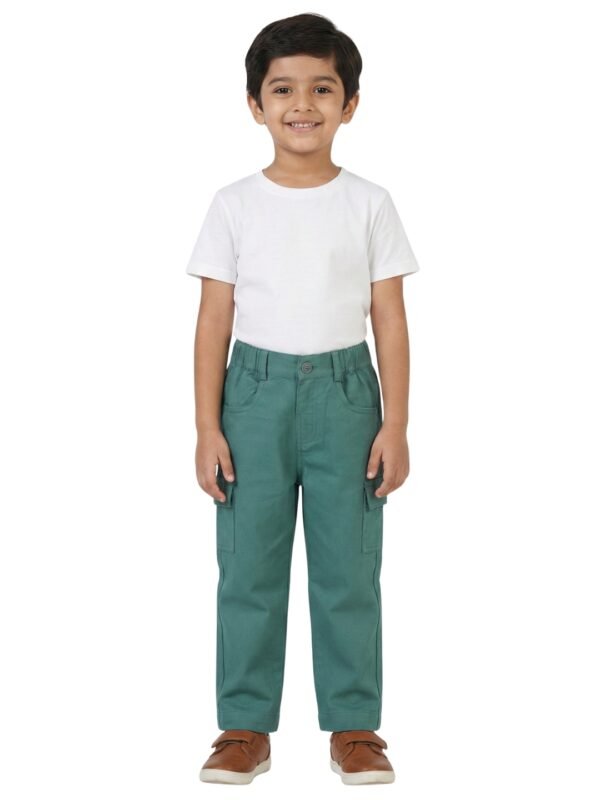 Boys Organic Cotton Woven Elastic Waist Cargo Pants - Green - Image 5