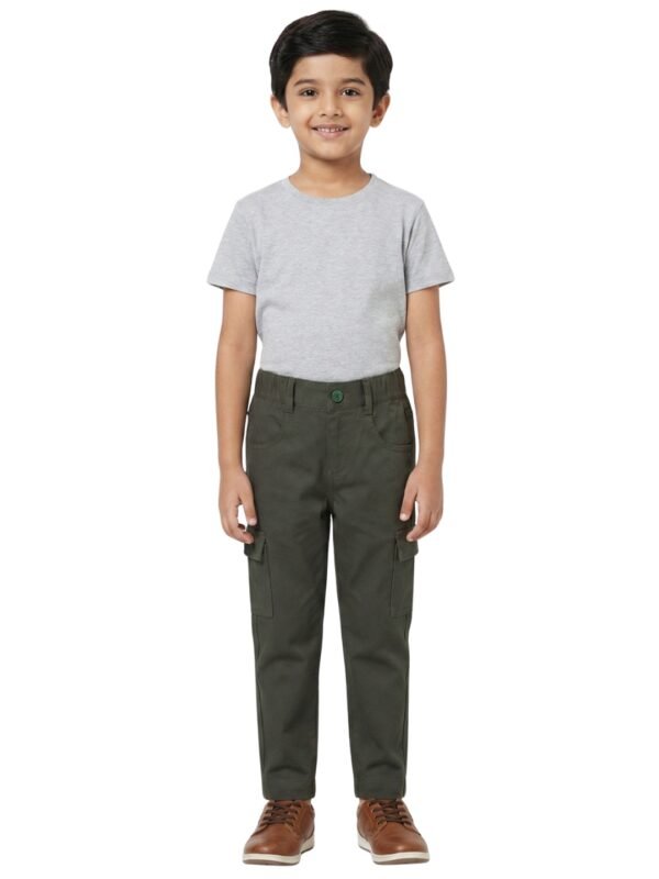 Boys Organic Cotton Woven Elastic Waist Cargo Pants - Olive Green - Image 7