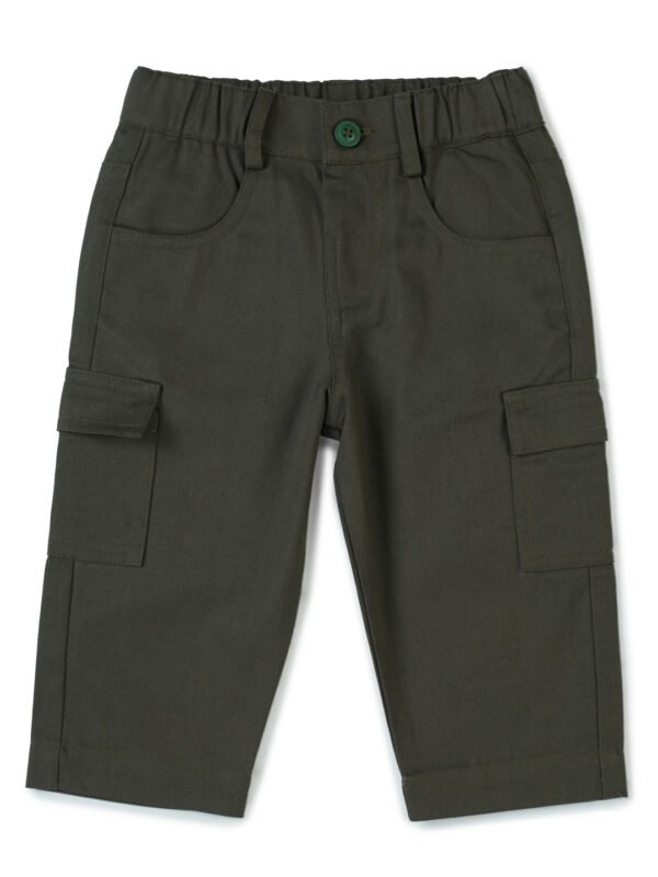 Boys Organic Cotton Woven Elastic Waist Cargo Pants - Olive Green - Image 2
